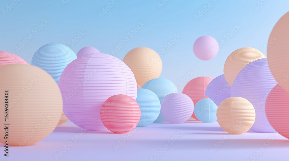 Poster Pastel colored spheres float in serene, dreamy sky, creating whimsical and calming atmosphere. soft hues of pink, blue, and peach blend harmoniously, evoking sense of tranquility