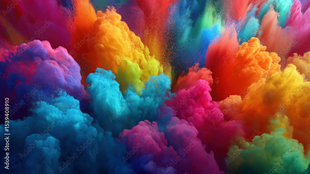 Poster Vibrant clouds of colorful powder explode in dynamic display, creating mesmerizing and energetic scene. vivid hues blend seamlessly, evoking sense of joy and creativity