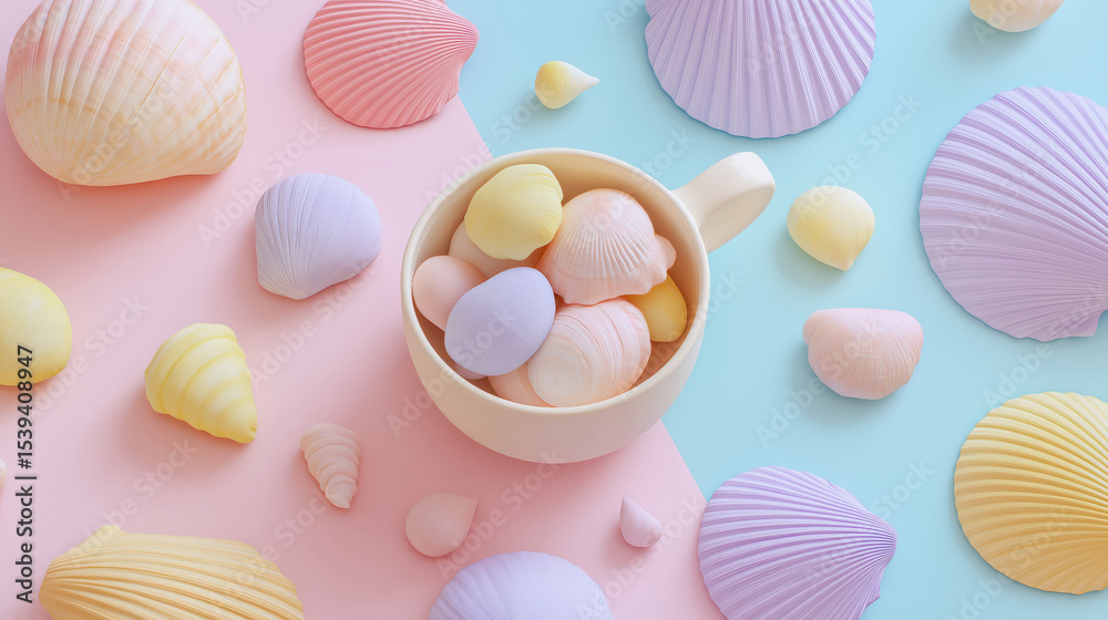 Aufkleber colorful pastel seashells in cup on pink and blue background create soothing and playful atmosphere.