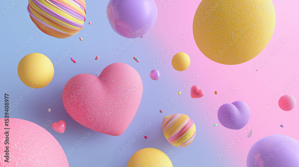 Poster colorful 3d shapes including hearts and spheres float against pastel gradient background, creating p