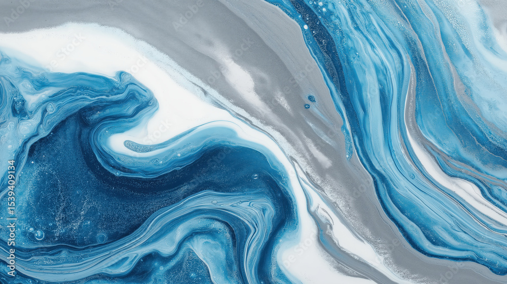 Poster Abstract blue and white marble texture with fluid patterns creates calming and artistic background. swirling design features shades of blue and gray, resembling ocean waves