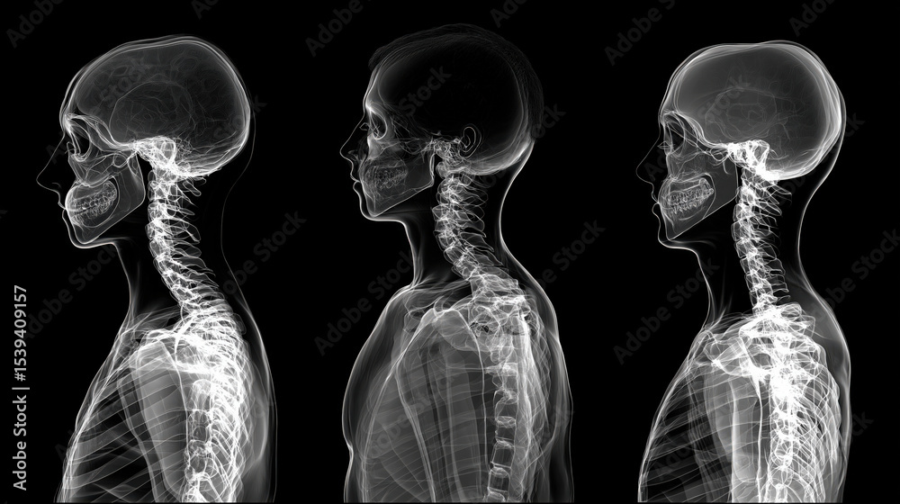 Aufkleber X ray images of human skulls and spines in side view, showing skeletal structure and alignment. images highlight vertebrae and cranial bones, providing insight into human anatomy