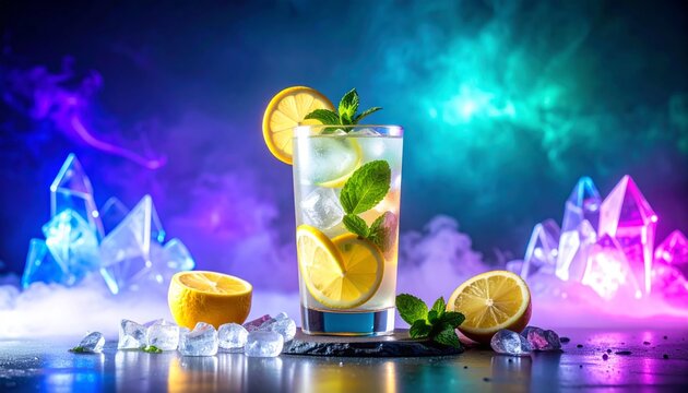 Jugo de lim&oacute;n fresco con salpicaduras congeladas en movimiento sobre fondo de cristales