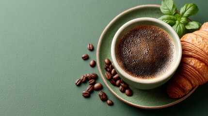 Delicious Coffee  Croissant  Beans  Morning Breakfast Food Image