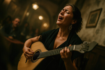 Fado Singer Performing Soulful Melodies in a Traditional Portuguese Fado House, Accompanied by the Iconic Sound of the Portuguese Guitar.

