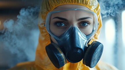 Female worker in protective suit and gas mask amidst smoke for safety and industrial use