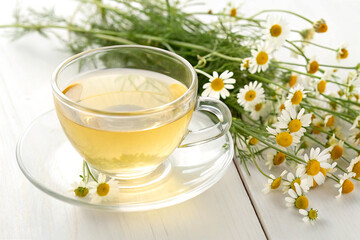 Glass teacup with chamomile tea and blossoms on white saucer and background