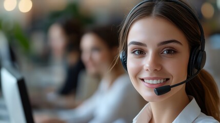Friendly customer service representative smiling at call center with headset