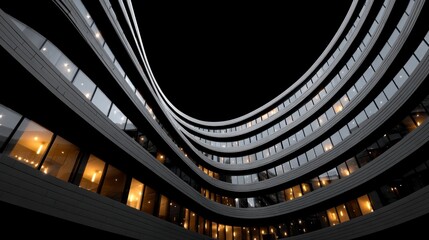 Naklejka premium Modern Curvy Building Exterior Illuminated Windows at Dusk