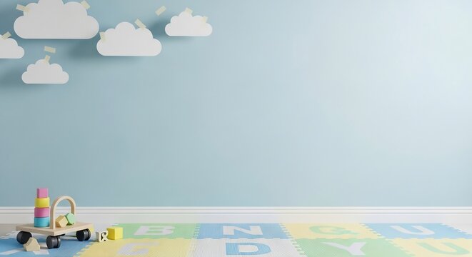 Light Blue Wall Background in Nursery Room with Wooden Toys and ABC Blocks
