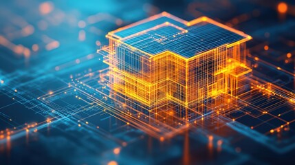 Futuristic construction blueprint with high fidelity digital network design elements
