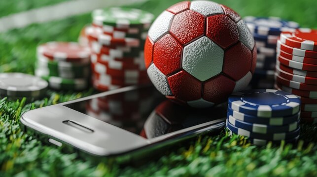 Digital sports betting concept with soccer ball and smartphone on grass