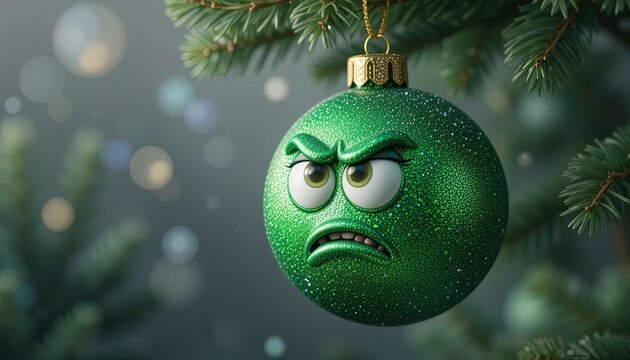 A grumpy green christmas ornament.