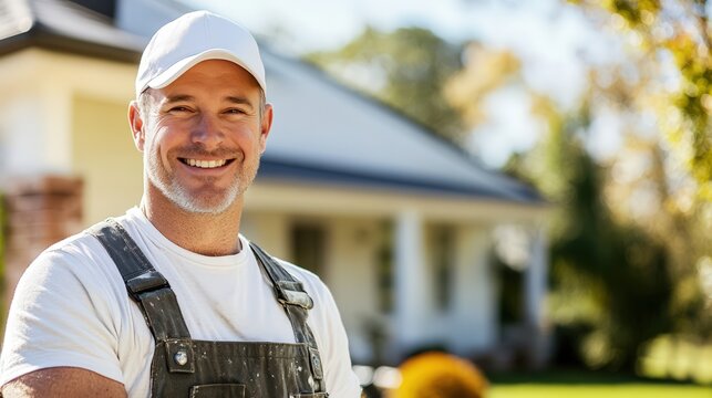 Smiling male house painter in overalls and cap with home background