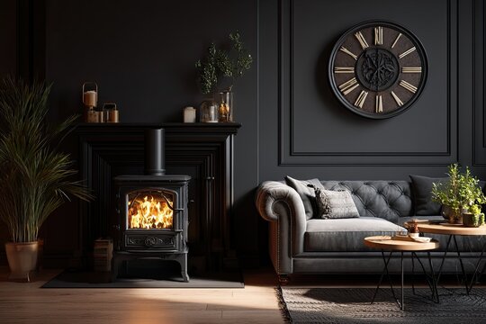 Dark, elegant living room with fireplace (1)