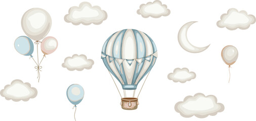 Watercolor hot Air Balloon with garlands, clouds and stars. Hand drawn Baby illustration of vintage aircraft in pastel blue end beige colors. Cute drawing for newborn shower or kid birthday