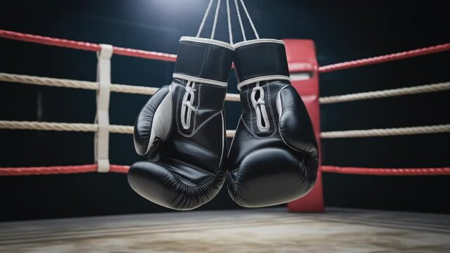 Boxing gloves hanging in boxing ring ideal for sports photography or editorial use