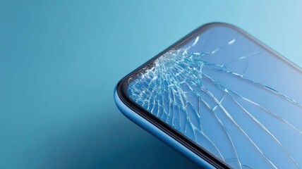 A close-up of a smartphone with a shattered screen against a blue background.