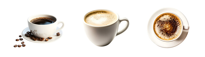 different types of coffee in white cups. isolated on transparent background