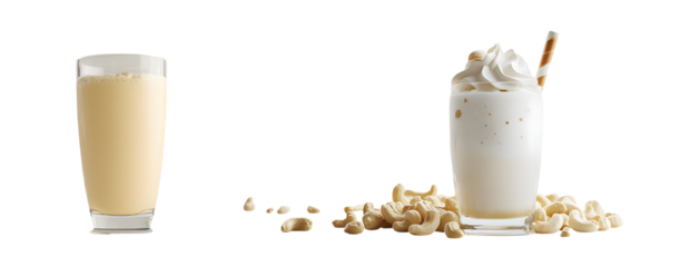 Two glasses of cashew milk beverages with cashew nuts. isolated on transparent background