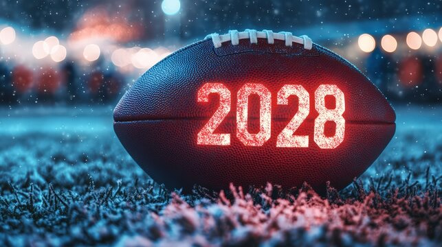 American football ball with glowing number 2028 on frosty field during winter evening
