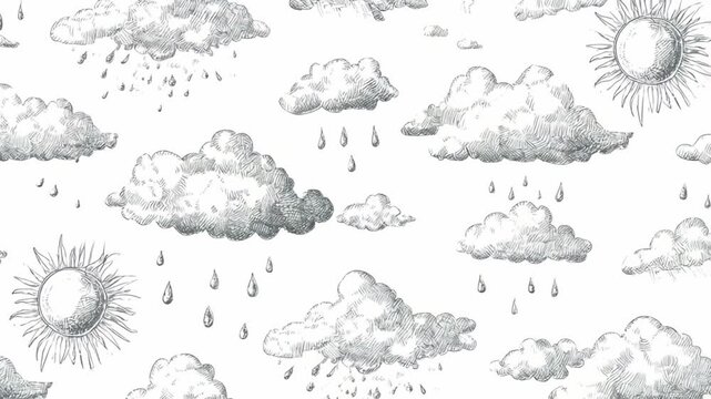 Whimsical Cloud and Sun Pattern with Rain Droplets for Creative Projects and Designs