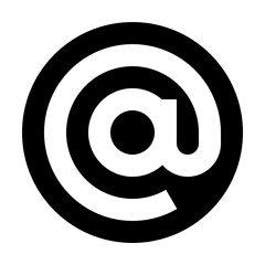 A simple illustration of an at symbol enclosed within a black circle on a white background view