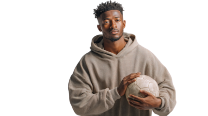 Soccer player holding ball studio portrait serious expression transparent background