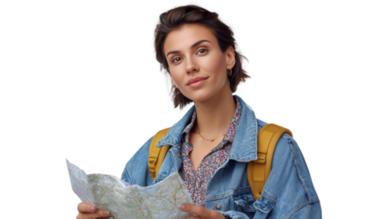 Young traveler examines map outdoor adventure transparent background urban setting candid viewpoint