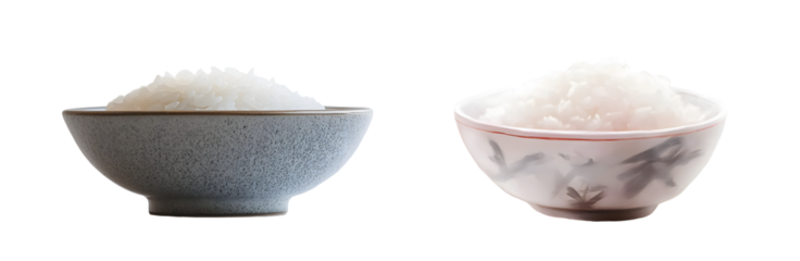 ceramic bowls filled with uncooked white rice. isolated on transparent background