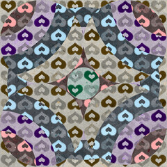 Geometric pattern texture with grunge stone hearts. Stylish floor wall tile heart