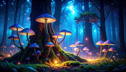 Enchanted Forest Night Mushrooms.