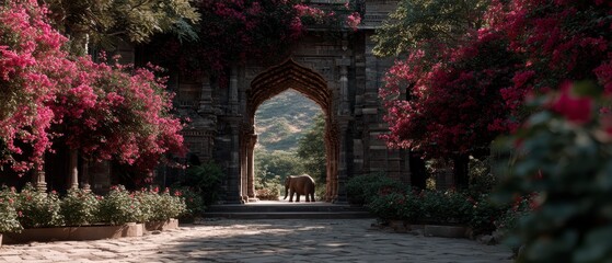 Obraz premium Majestic Elephant at Ancient Archway Lush Garden India