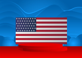 Mockup product display with American Flag. Vector cylinder pedestal podium. Stage showcase for presentation. Minimal geometric forms.