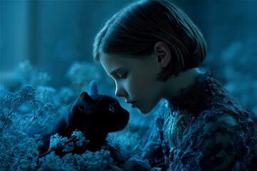 Girl Comforting Black Cat at Twilight  Cozy Room  Grief  Pet Loss  Sadness  Friendship