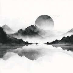Minimal ink wash style landscape featuring full moon above misty mountains and tranquil lake, evoking serene atmosphere and traditional Chinese aesthetics, symbolic of Mid-Autumn Festival and poetic n