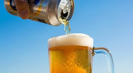 夏空の下　缶ビールをジョッキに注ぐ瞬間