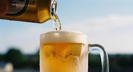 夏空の下　缶ビールをジョッキに注ぐ瞬間