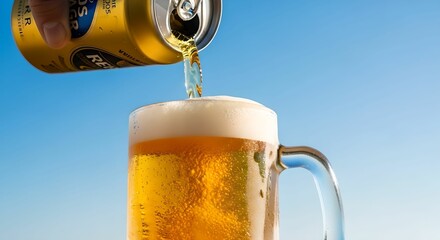 夏空の下　缶ビールをジョッキに注ぐ瞬間