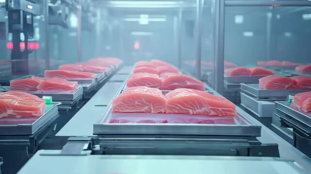 Automated Salmon Processing Line in Factory