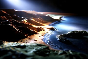 Naklejka premium Stylized coastal landscape with textured mountains and dark blue water under bright overhead light