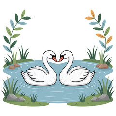 two white swans swimming in pond vector illustration isolated on white background