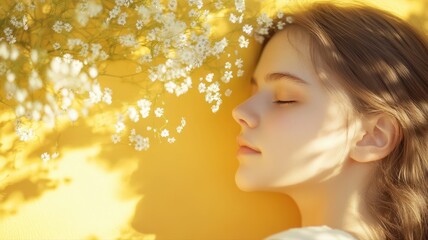 Fototapeta premium Young Girl Resting Against Yellow Wall Surrounded by Tiny White Flowers in Peaceful Atmosphere
