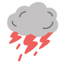 Gray storm cloud icon with red lightning bolts and raindrop accents. Bold and moody style ideal for extreme weather alerts, storm forecasts, apps or dramatic environmental designs.