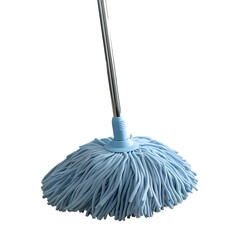 Blue microfiber spin mop with stainless steel handle isolated on transparent background