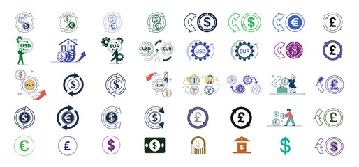 Collection of various currency exchange and international finance related icons in modern flat vector illustrations
