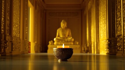 A lit candle in an ornate bowl sits in a golden, ornately decorated hallway, with a meditating Buddha statue in the background. Warm, golden light