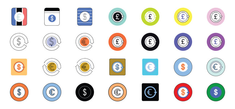 A collection of currency symbols including dollars euros and pounds with circular arrows representing financial exchange and international trading