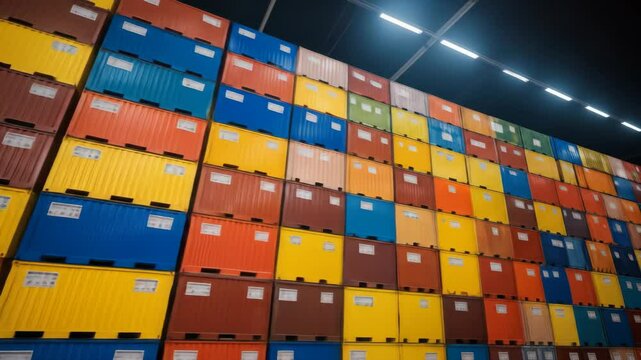 High stacked colorful shipping containers in warehouse displaying a robust logistics system