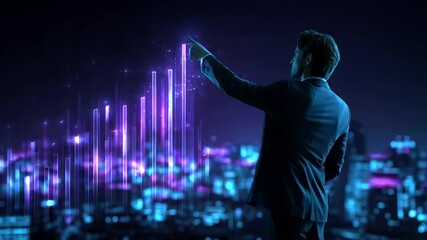 Businessman interacting with holographic data visualization over cityscape at night. - Powered by Adobe